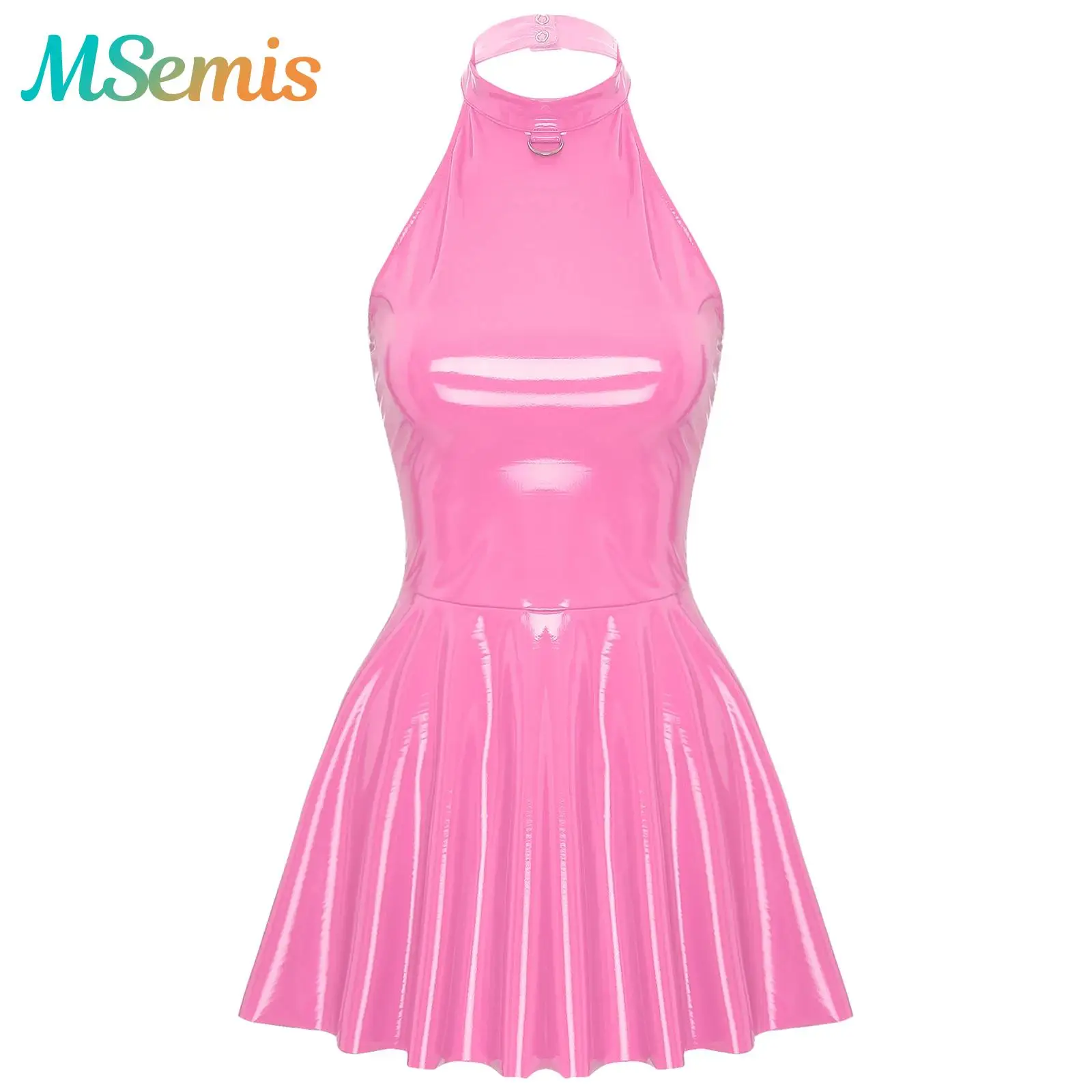 

Glossy Patent Leather Glossy Latex Dress for Womens Halter Skater Mini Dress Disco Party Swing Skirt Dress Wetlook Clubwear