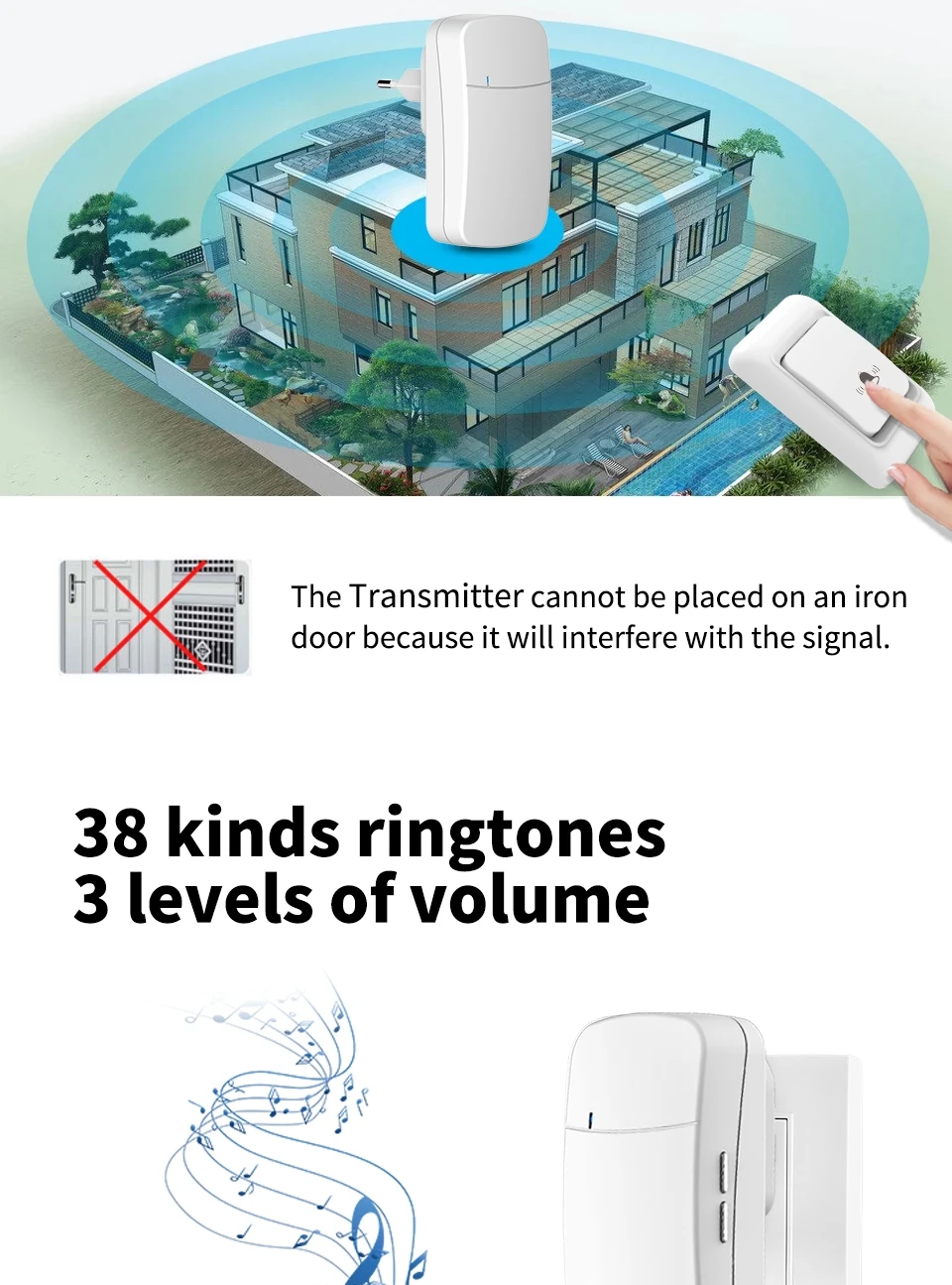 Campainha Sem Fio Digital, Controle Remoto Eletrônico, 38 Anéis, Impermeável, Longa Distância, Sinal Forte, 3 Níveis de Volume, À espera