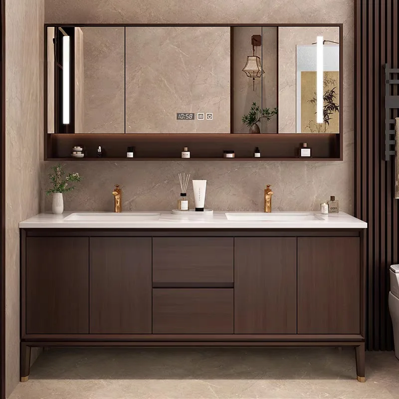 

Тумба для ванной комнаты, ванная комната с напольным шкафом из массива дерева, встроенной керамической раковиной для умывания.