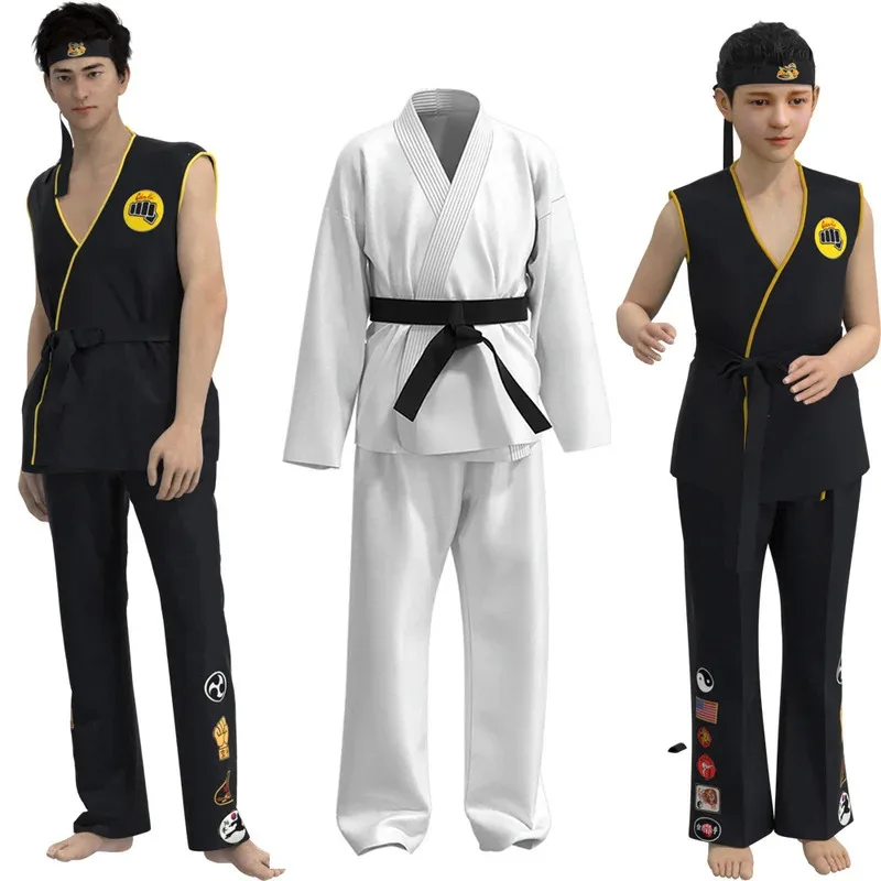 

Karate Kids KOF Cobra Cosplay Costume Black/White Kimono Uniform with Headband Anime Halloween Party Tracksuit for Kids & Adults