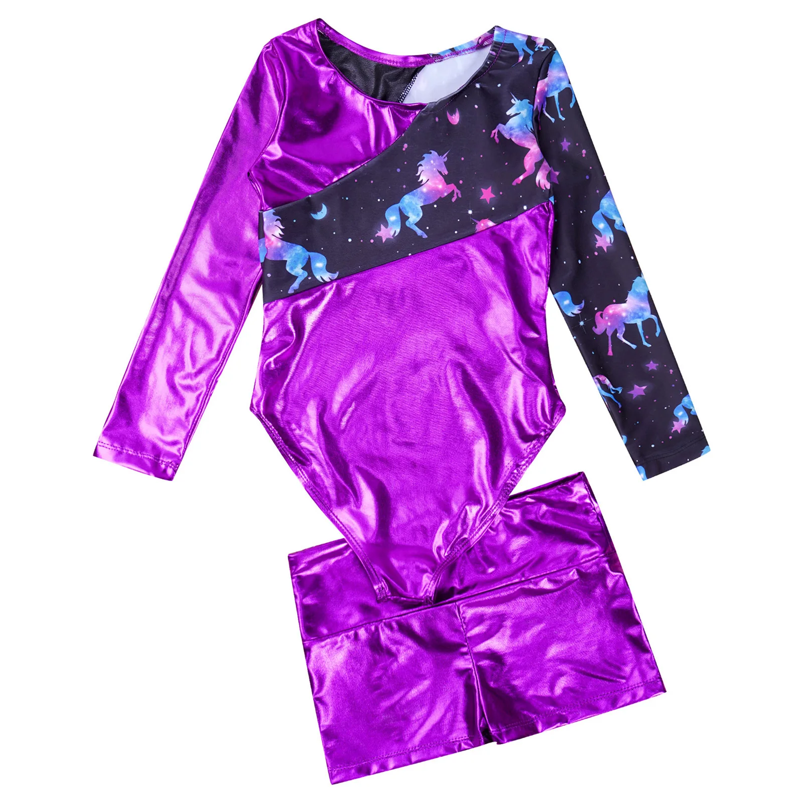 Kinder Mädchen 2-Stück Gymnastic Ballett Dance Outfits Metallic Workout Trikots mit Shorts Bademode Badeanzüge Ausbildung Kostüm