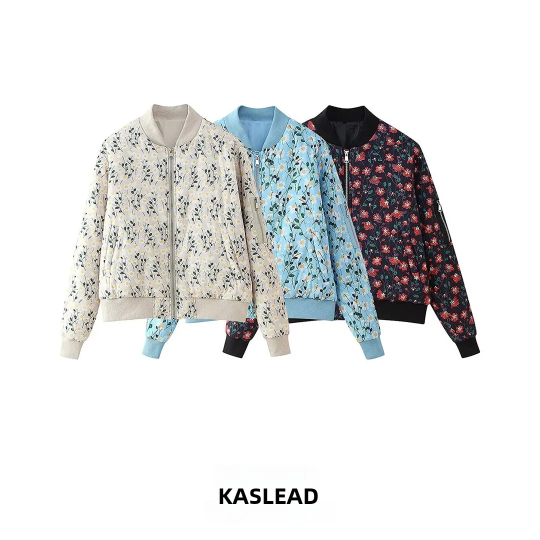 KASLEAD New Women's Fashion High-End Pilot Jacket Cotton Outerwear Long Sleeve Polyester Fiber Zipper Closure Plant Floral Pa...