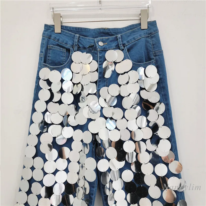 Personalized Sequined Jeans Women Handmade Sequin Heavy Industry Decorative Straight Slimming Street High Waist Jeans Autumn