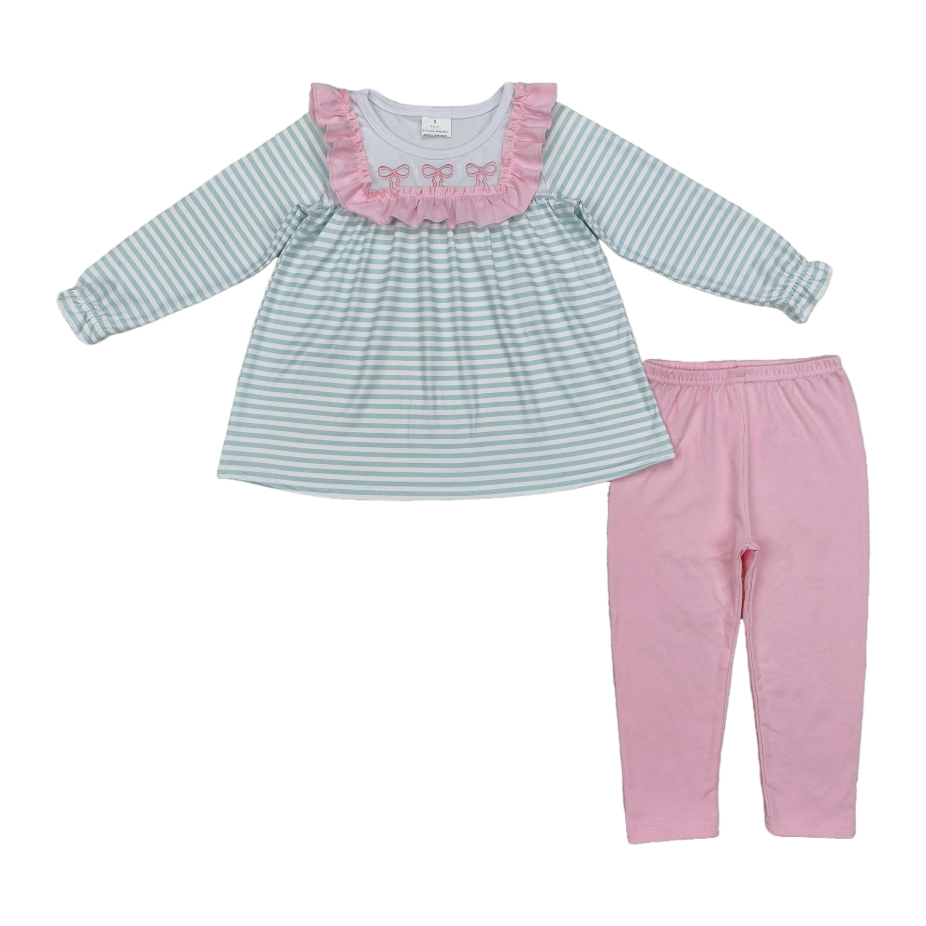 

Wholesale Toddler Floral Outfit Set Baby Girl Long Sleeves Embroidery Bow Cotton Tunic Children Legging Pants Kids Clothes