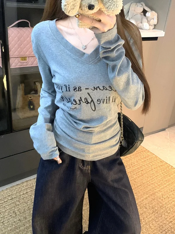 

plus Size Women's Casual V-Ne Long Sve T-irt Slimming Waist Design Faionable Print Top for Autumn Season