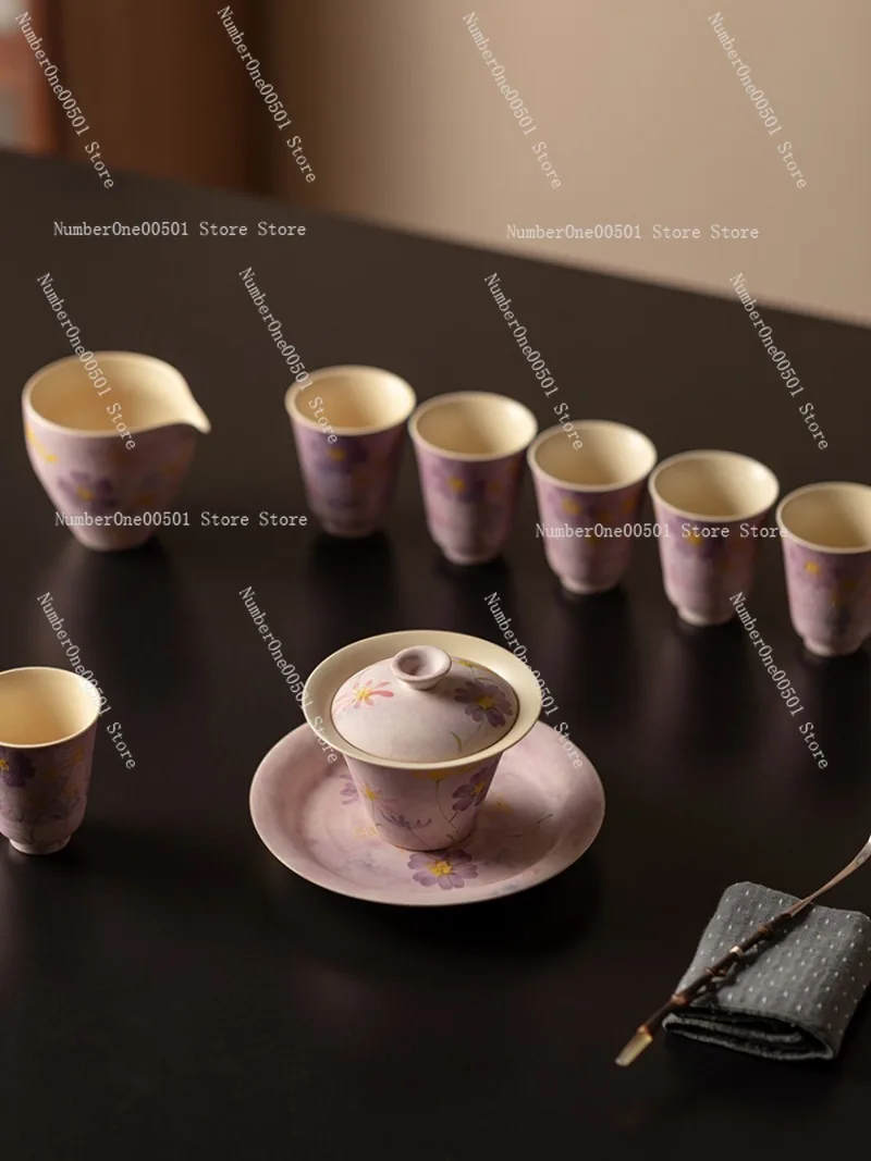 Kung Fu Tea Set Oil Painting Purple Hand Pinch Ceramic Cover Bowl Teacup Office Tea Bowl