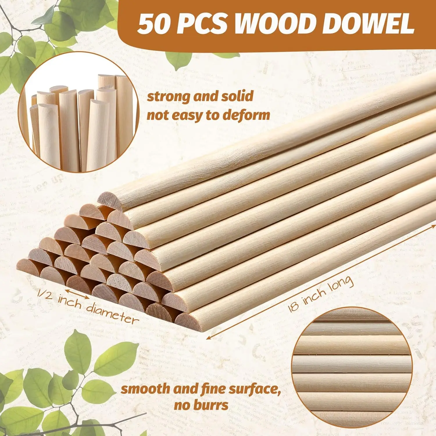 50 Pcs Wooden Dowel Rods, 18-inch x 0.47-inch Split Wood Dowel Unfinished Half Round Wooden Rods