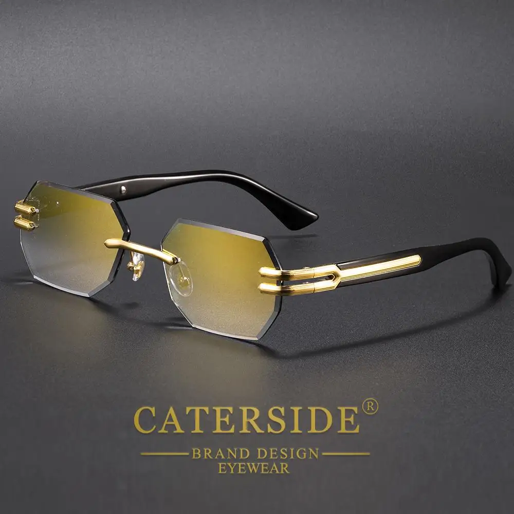 CATERSIDE Neue rahmenlose Sonnenbrille für Herren, modische polygonale Spiegellinsen mit Farbverlauf, Metallrahmen, Damen-Party-Sonnenbrille für den Außenbereich – Detail 7