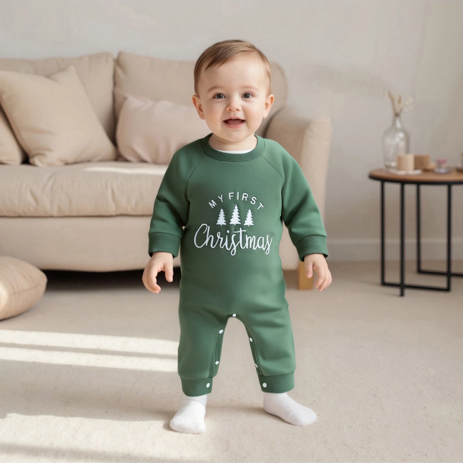 Baby Boy Christmas Romper Letter Tree Embroidery Long Sleeve Round Neck Full Length Jumpsuit