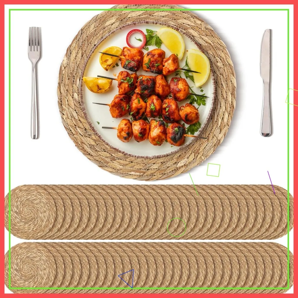 

Set of 60 Round Woven Placemats, Natural Hand-Woven Rattan, 12 Inches, Boho Farmhouse Style