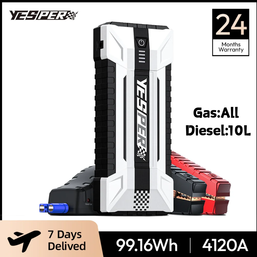 YESPER 4120A Démarreur de secours 26800mAh avec lumière LED et étui de transport, booster 12V pour toutes les voitures essence et diesel 10L, SUV, camions