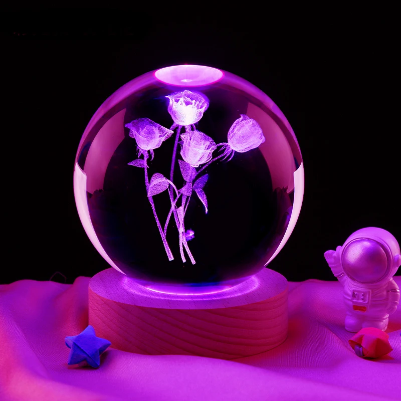 Luce notturna a colori con sfera di cristallo rosa 3D, compleanno fidanzata compagno di classe moglie bambini natale regalo di san valentino camera