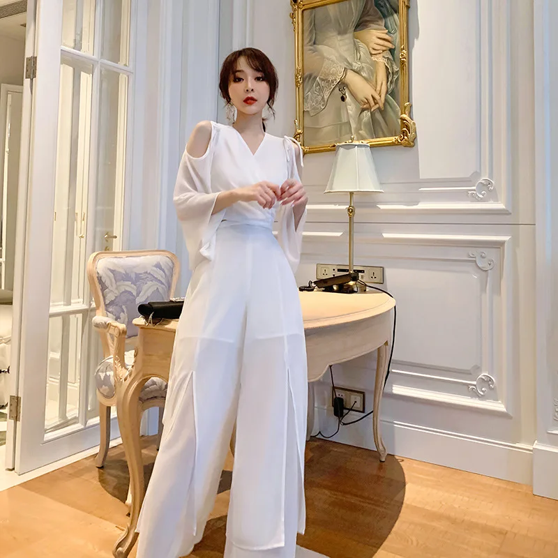 Two-piece Summer Fashion Temperament Strappy Off-the-shoulder Top Design Sense High Waist Split Wide-leg Pants Set