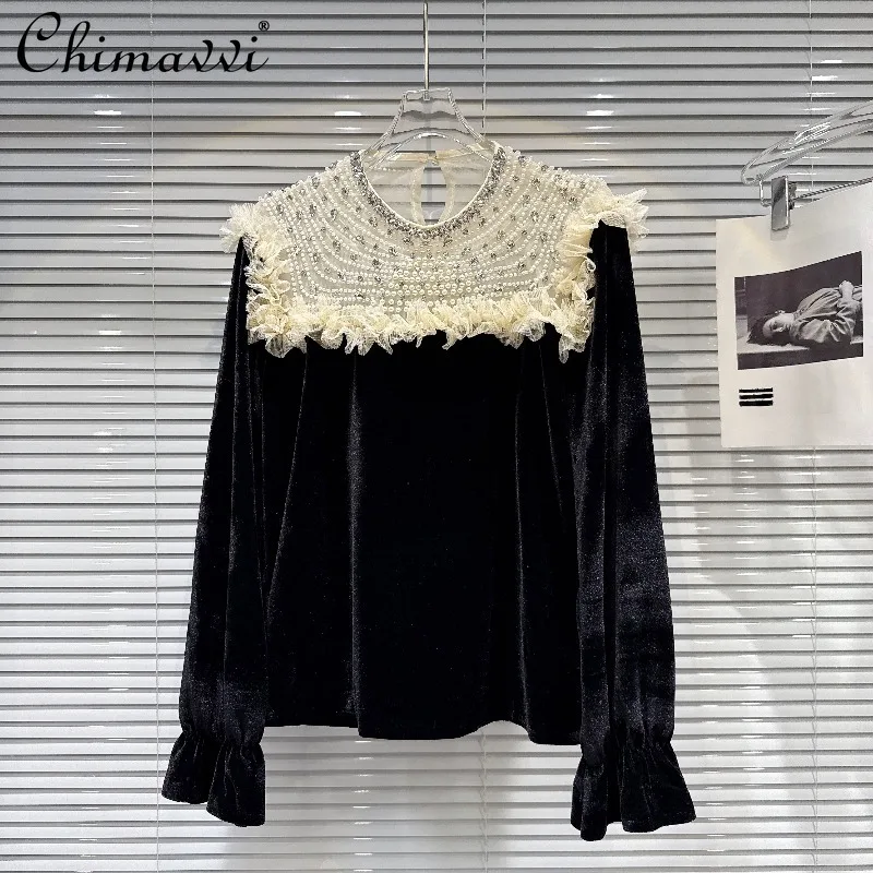 

2025 Autumn New French Fashion Light Luxury Pearl Beaded Mesh Patchwork Velvet T-Shirt Heavy Long Sleeve Elegant Women's Blouse