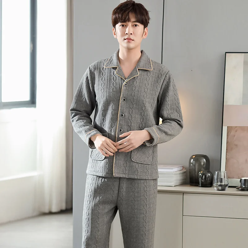 Laminated air cotton pajamas men autumn and winter thick long-sleeved home service male warm big yards 3XL thin quilted suit