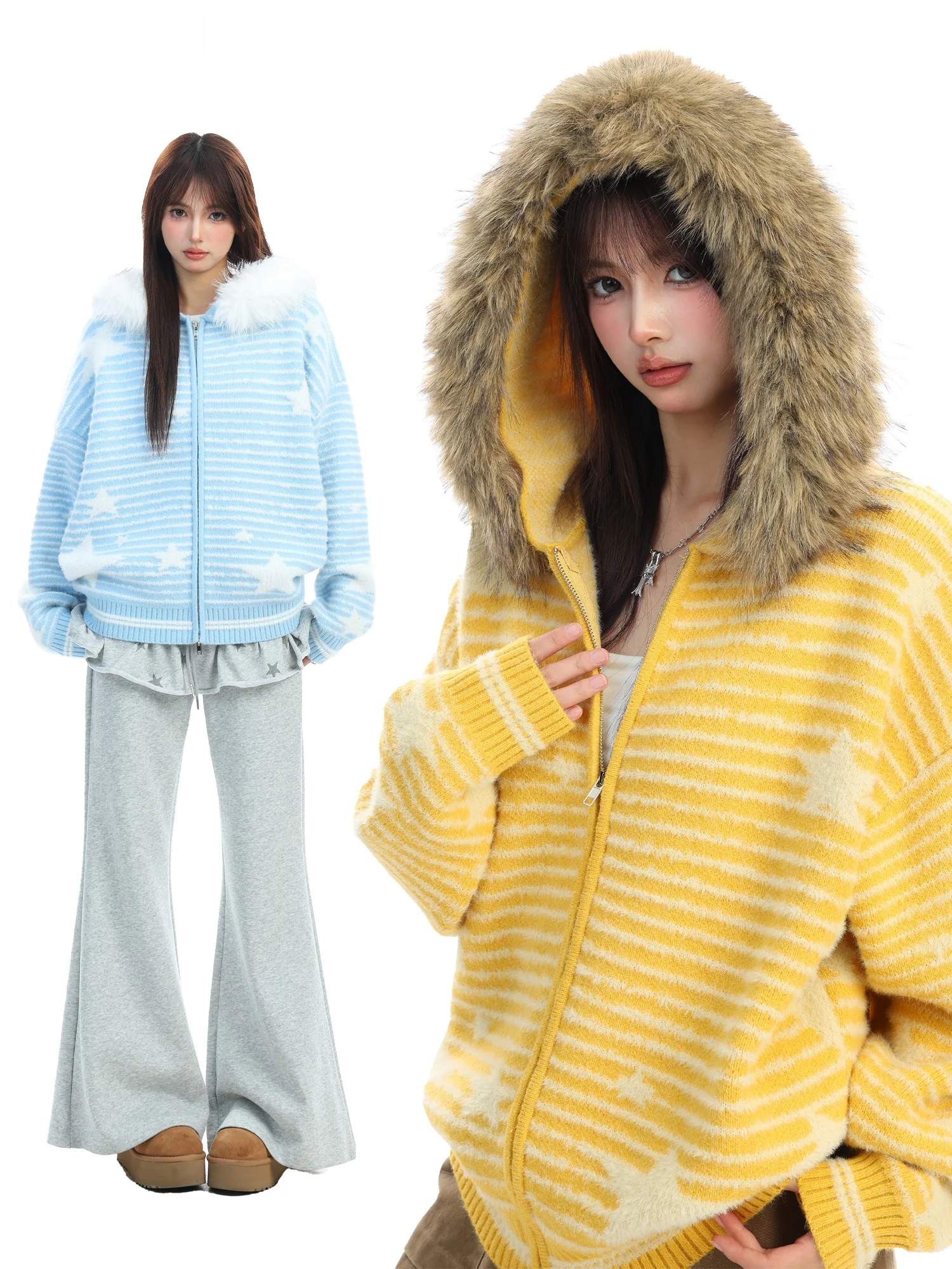 

PTGINKIN Women's Knitted Cardigan Sweater with Large Fur Collar And Hood Striped Color Blo Autumn Winter Lazy Sle Outerwear