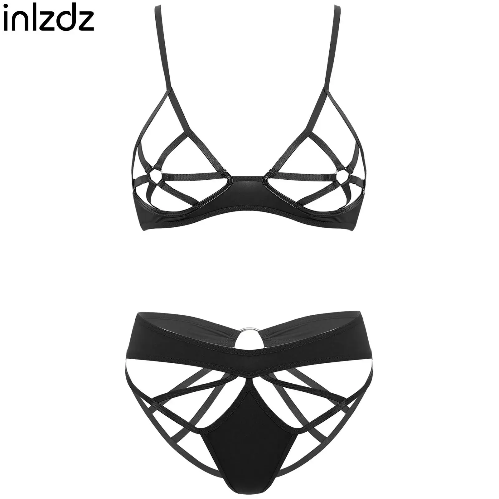 

Sexy Hollow Out Strappy See Through Lingerie Set for Women Cutout Cupless Bra Top with O-Ring Tempting Open Butt G-String Brief