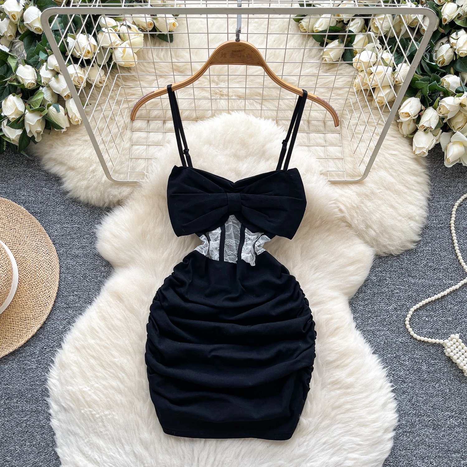 Elegancka sukienka letnia w stylu koreańskim, boho, bez rękawów, w stylu vintage, z motylami, dopasowana, z koronką, w stylu fairy.