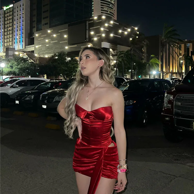 

Smileven Red Mini Evening Dresses Satin Pleats Prom Dresses Short Strapless Occasion Gowns 2023
