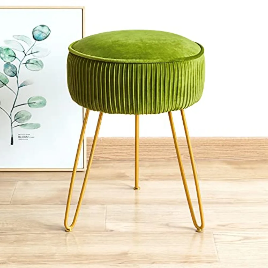 

Pleated Vanity Stool Velvet Upholstered Vanity for Makeup Room Round Mondern Stool for Vanity Ottoman Footrest with Metal Legs