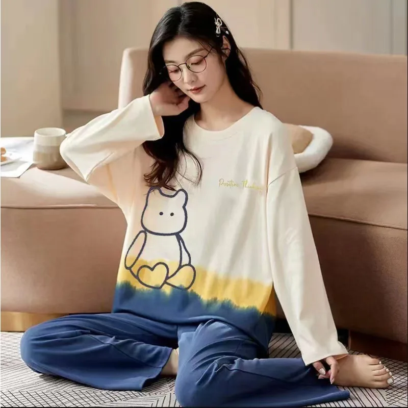 Women Plus Size Pajamas Long-Sleeved Silk Cartoon Students Homewear Two Sets Round Neck Tops and Trousers Sleepwear Loungewear