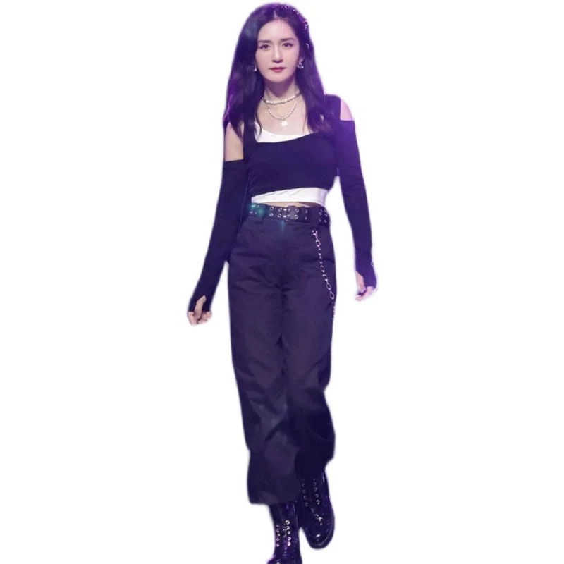 

Korean Singer Jazz Dance Black Sling T-shirt White Vest Crop Tops Music Festival Outfits Women Loose Cargo Pants Stage Costume