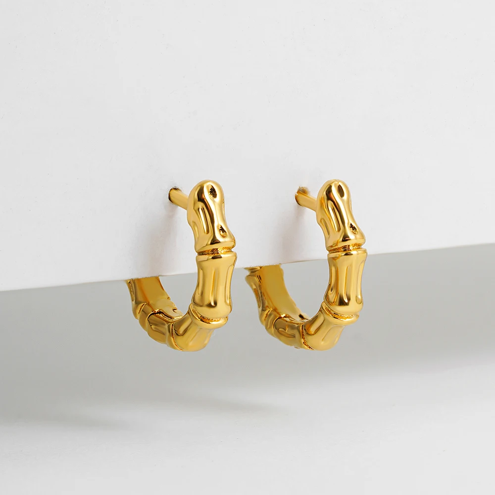 Punk Gold Color Bamboo Chunky Round Hoop Earrings for Women Geometric Stainless Steel Metal Ear buckle Hip Hop Party Jewelry