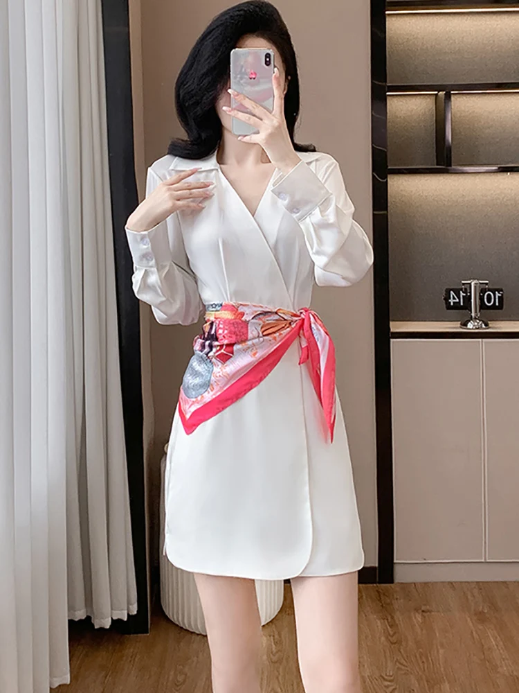 Frühling Herbst Weiß Langarm Chic Hemd Kleid Frauen Elegante Bandage Kurzes Kleid 2025, Koreanische Mode Bodycon Chic Party Kleid