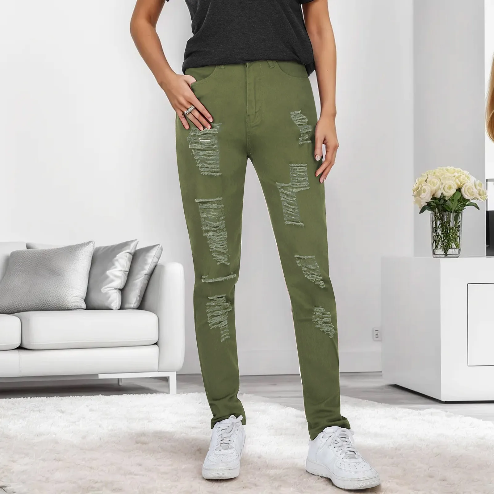 

Women Ripped Jeans Skinny High Waisted Denim Solid Color Pencil Pants Stretch Sexy Jeans Black Trousers Slim Laides Summer