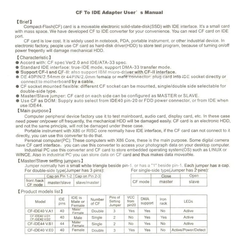 

652F CARD для IDE Adapter Card COMPACT FLAMSEMENT до 1,8 дюйма 50PIN IDE Converter