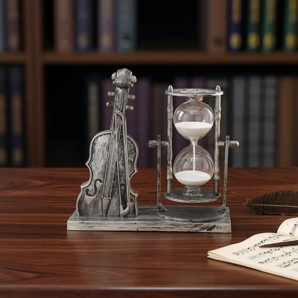 Retro Style Sand Timer Desktop Art Hourglass Violin Sand Hourglass Ornament Retro Bronze Silver Finish Timer Reversible for Home
