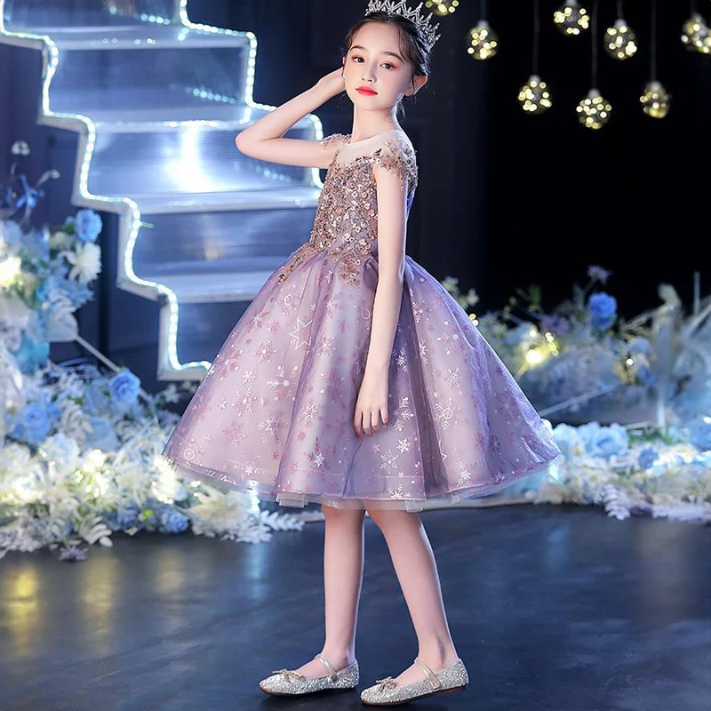 2024 Christmas Luxury Purple Long Dresses for Girls Kids Princess Birthday Party Gala Gowns Children Pageant Evening Short Dress