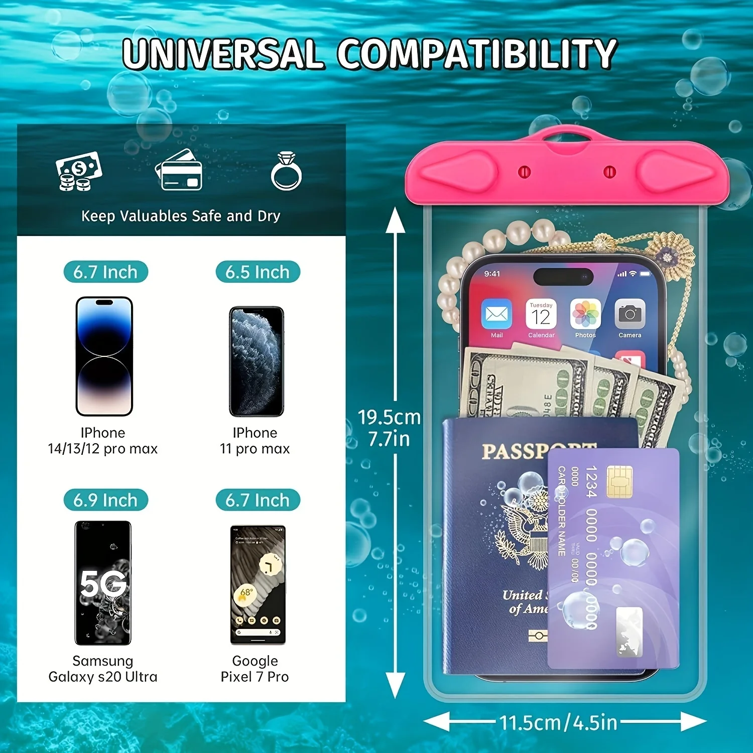 Waterproof Phone Pouch, Universal Waterproof Phone Case Dry Bag Compatible For  14 13 12 11 Pro Max XS Plus   S22, Underwater Ph