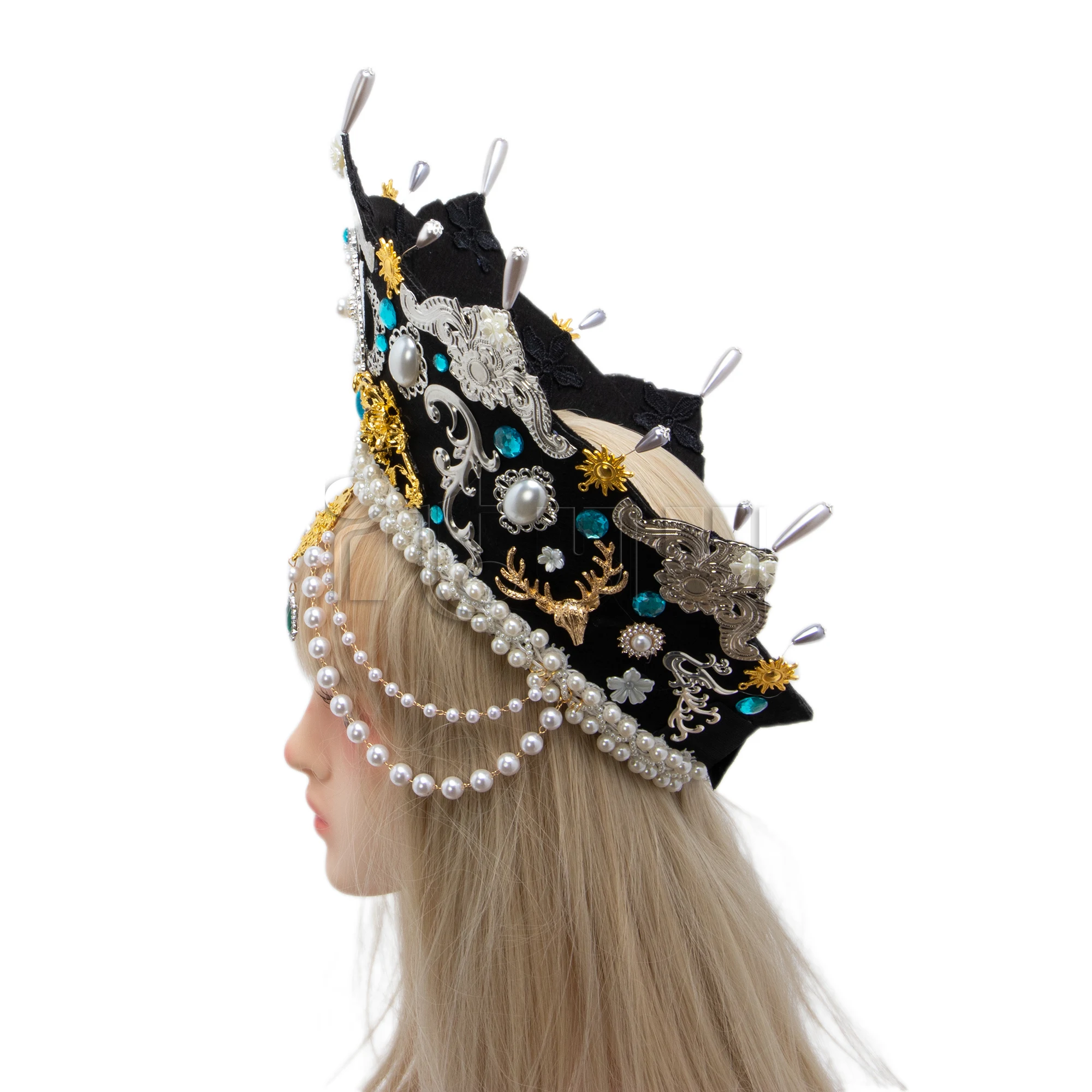 Renaissance Tudor Crown Headpiece Elizabethan Palace Style Retro Gorgeous Gothic Lolita Bead Chain KC Headband Hat Ornament