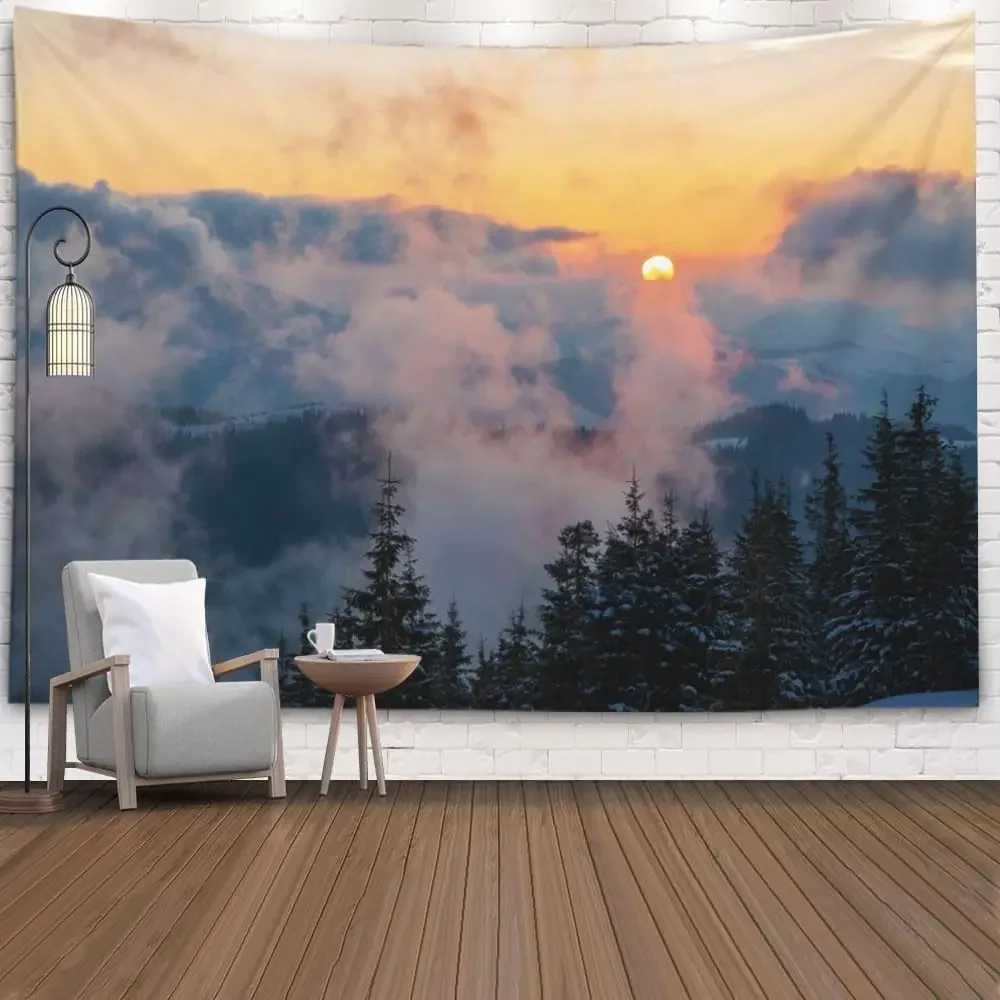 Misty Forest Tapestry Foggy Pine Tree Tapestry Nature Scenery Landscape Wall Hanging for Bedroom Living Room Dorm Office Decor