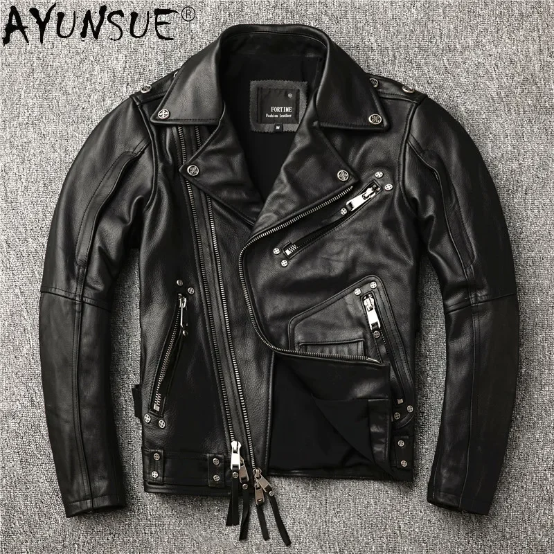 Fashion Men Leather Jacket Slim Cowhide Genuine Leather Coat Men Motorcycle Short Black Coats Clothes Jaqueta Masculina WPY3693