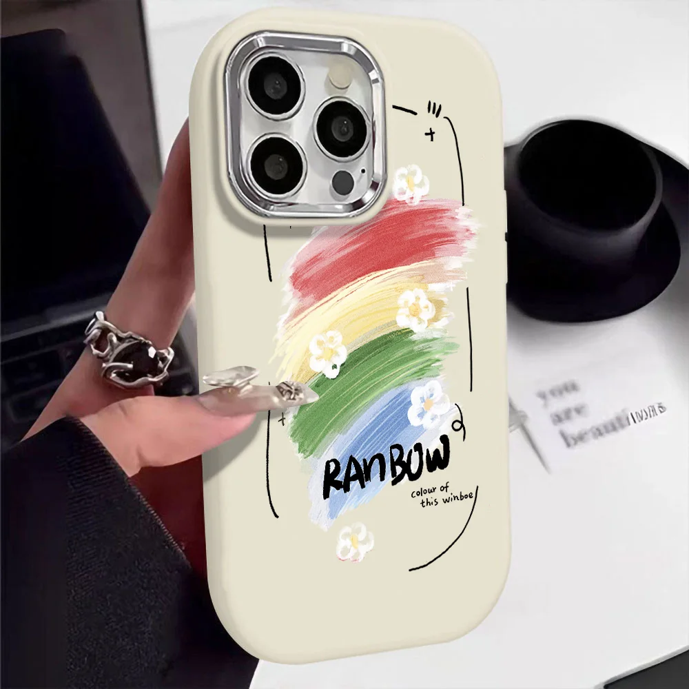 Colorful Rainbow Graffiti Flowers Case For iPhone 13 14 15 16 Pro 11 12 13Pro Case Oval Plating Frame Protection Back Cover Capa