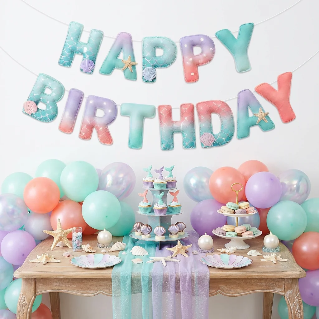 2D Filz-Banner Meerjungfrauen-Thema Ozean Geburtstagsparty Flaggen-Dekorationen für Kinder Sommer Unterwasser Babyparty Mädchen Prinzessin – Detail 3