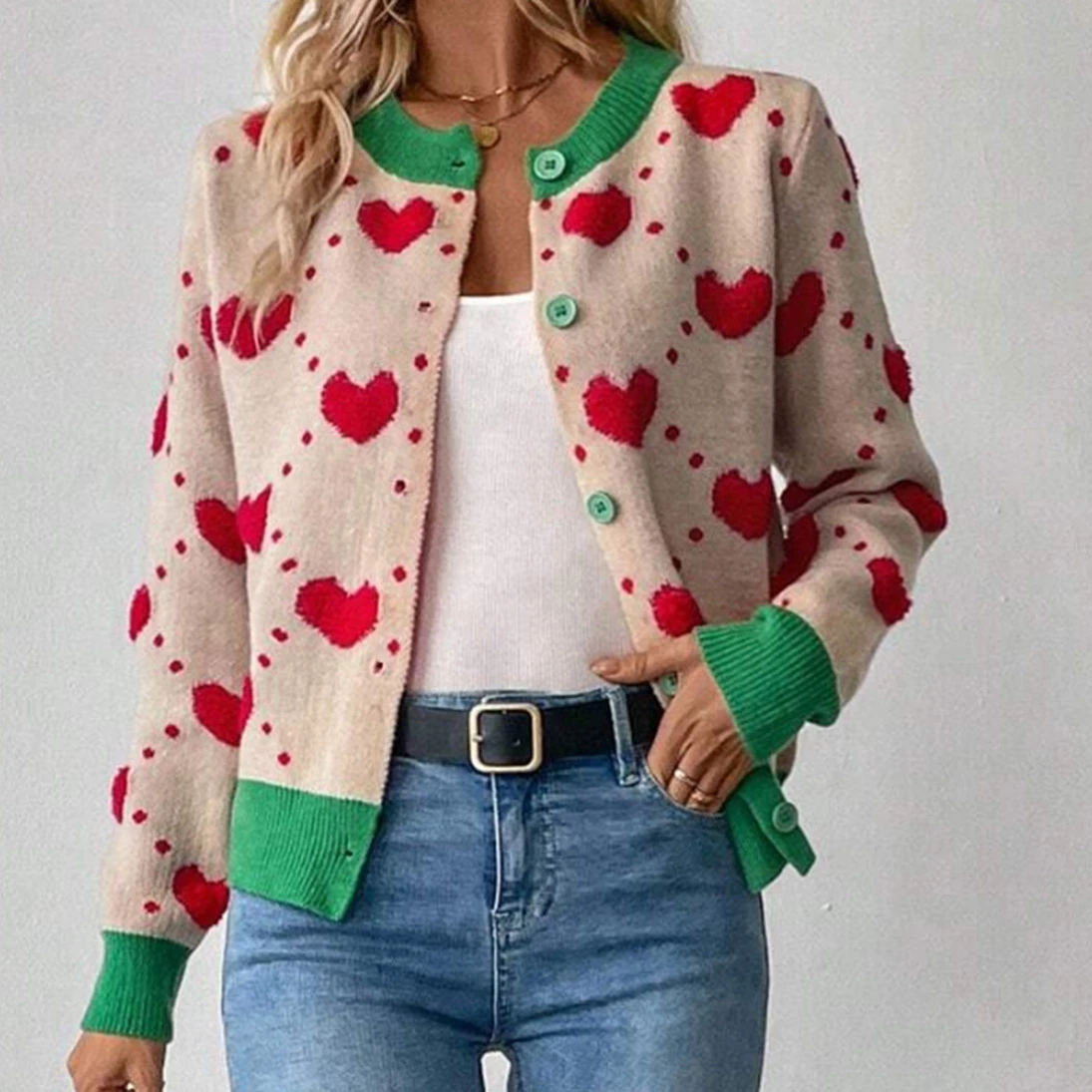 

Collection Women Patchwork Knit Cardigan Long Sleeve Button Closure Heart Fall Casual Jacket Sweater