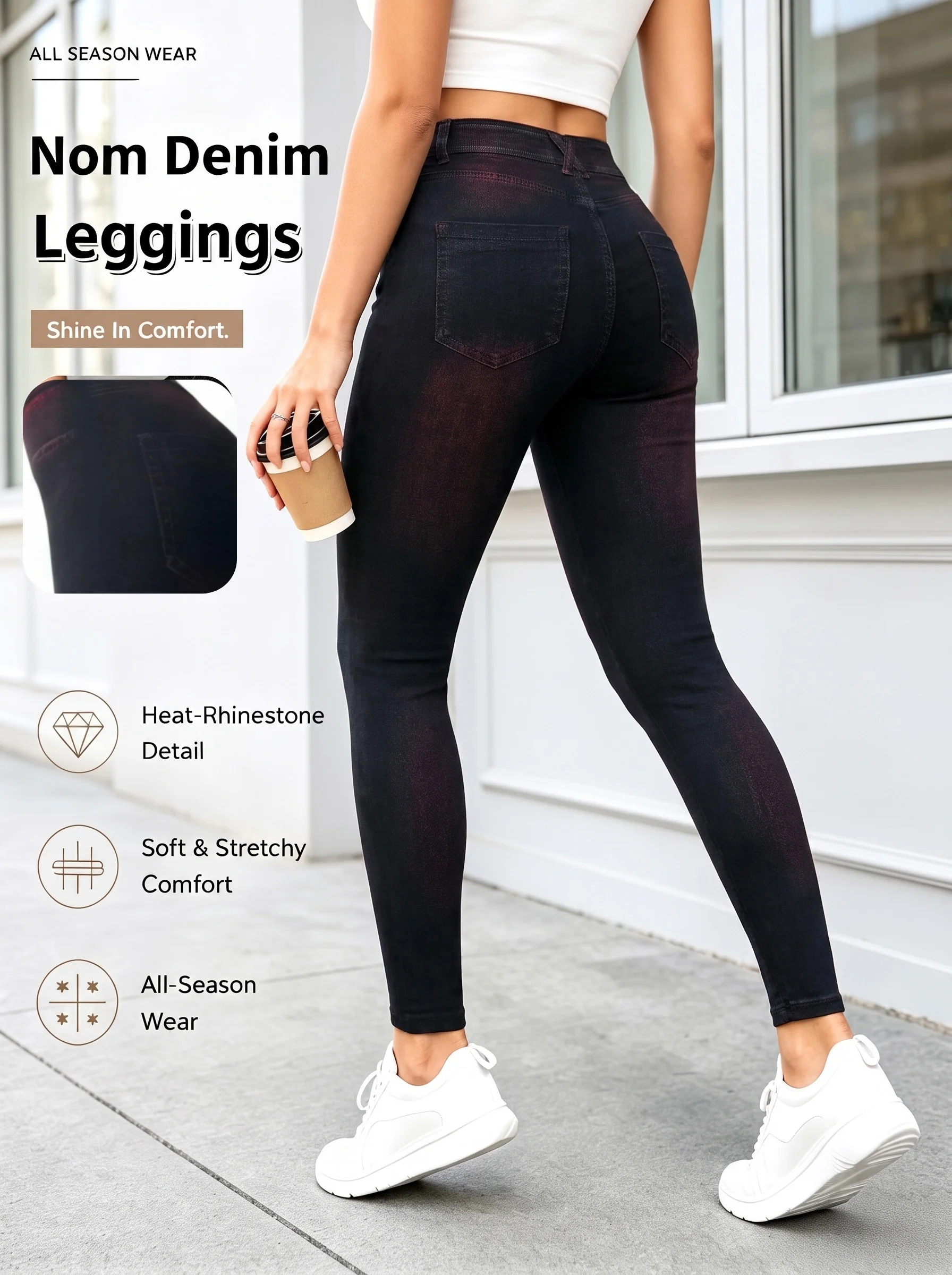 Women's Red Black Gradient Washed Faux Denim Ankle Leggings Soft Fashion Stretch Pants