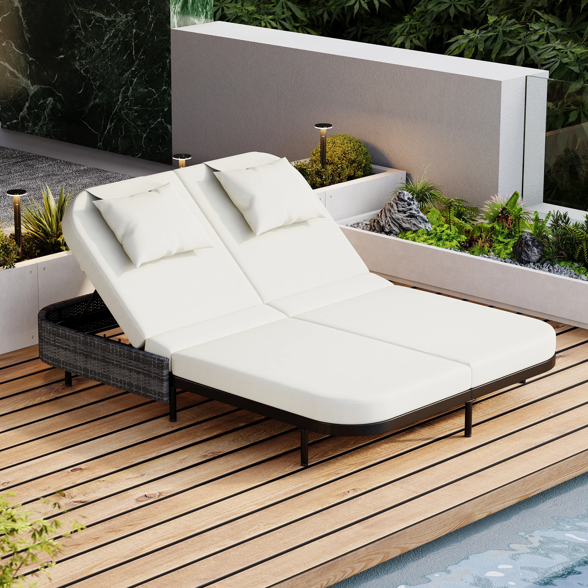 

Patio Rattan Daybed with 5-Position Adjustable Backrest Outdoor Bed Loveseat for Garden Backyard Beige Cushion Black Iron Frame