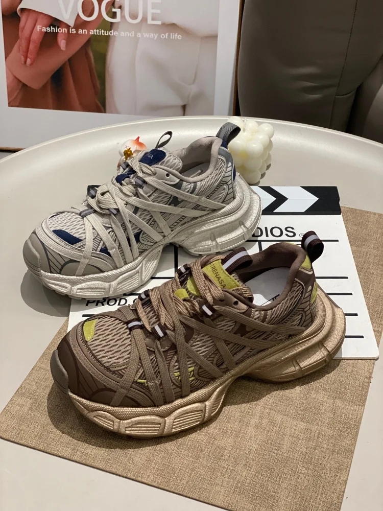 

Women's Dad Shoes 2025 New round Toe Mesh Lace up Fashionable Versatile Thick Bottom Heightening Lightweight Casual Sports Shoes
