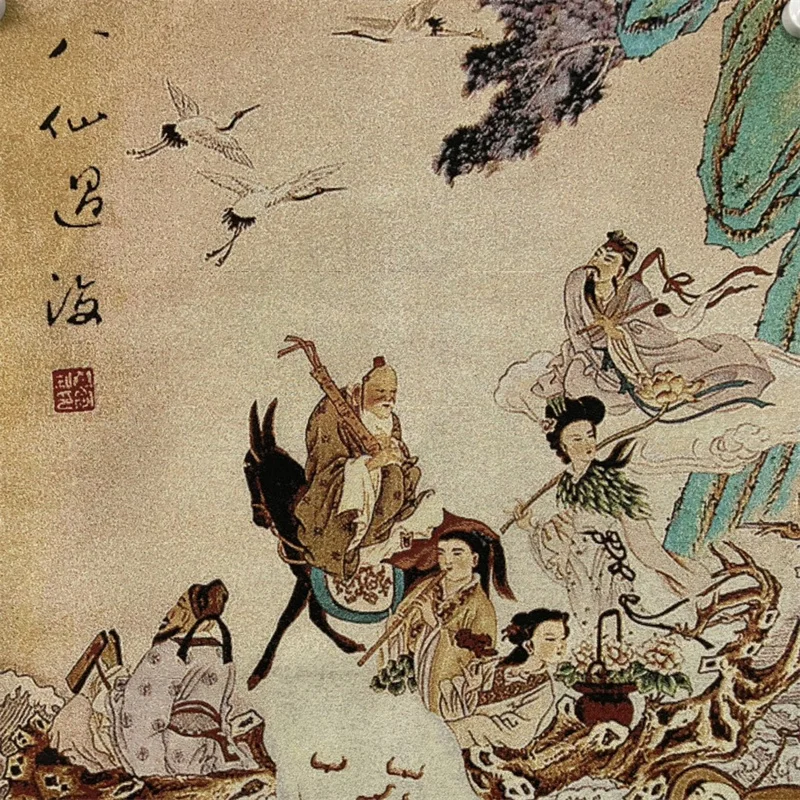 Chinese Antique Silk Brocade Tangka Painting - Eight Immortals Crossing the Sea Embroidery Wall Art for Home Decor