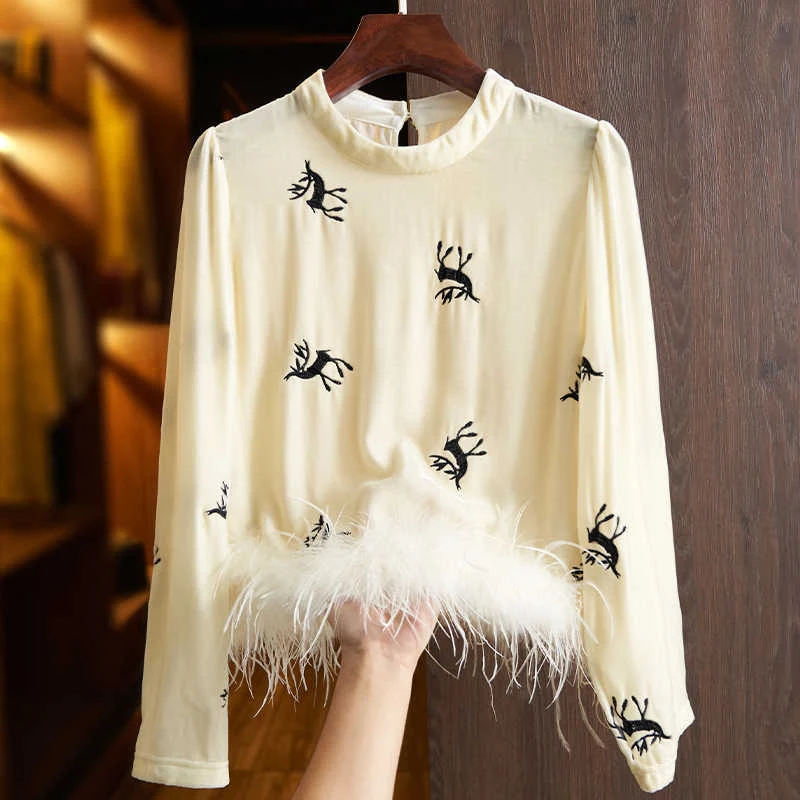 

High End Spring New O-Neck Silk+Velvet Shirt Women's Retro Elk Embroidery Feather Splicing Noble Back Button Top S-XL