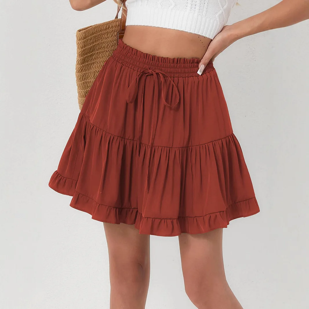 2026 Women's Spring and Summer New Fashion Daily Versatile Solid Color Sweet High Waist Beach Drawstring Lace Up Skirt for Women