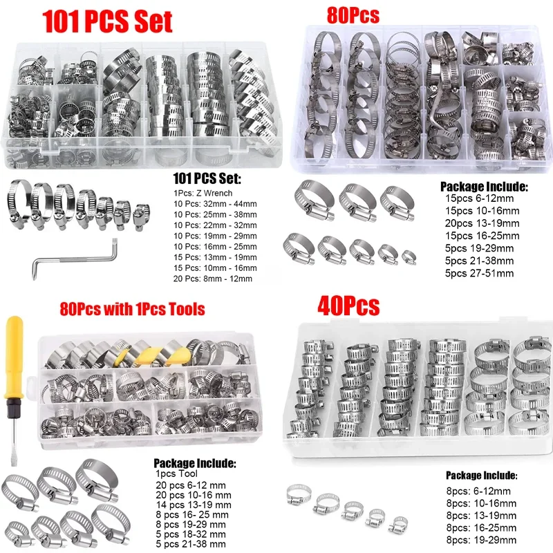 

40/80/101Pcs Stainless Steel Hose Clamp Set Adjustable Fuel Pipe Clamps Worm Gear Clip Pipe Clamps Kit Rings Clamps for Tubes