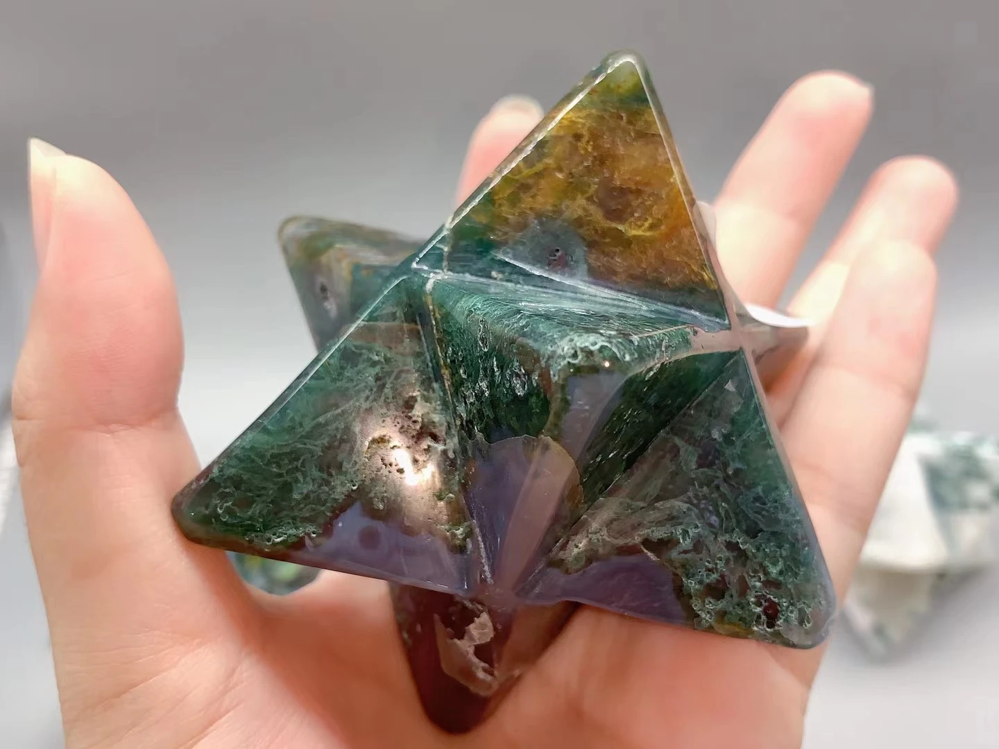 50mm Natural Water Grass Agate Crystal Merkaba Stars Gemstone Unicursal Hexagram Great for Meditation Healing Positive Healing