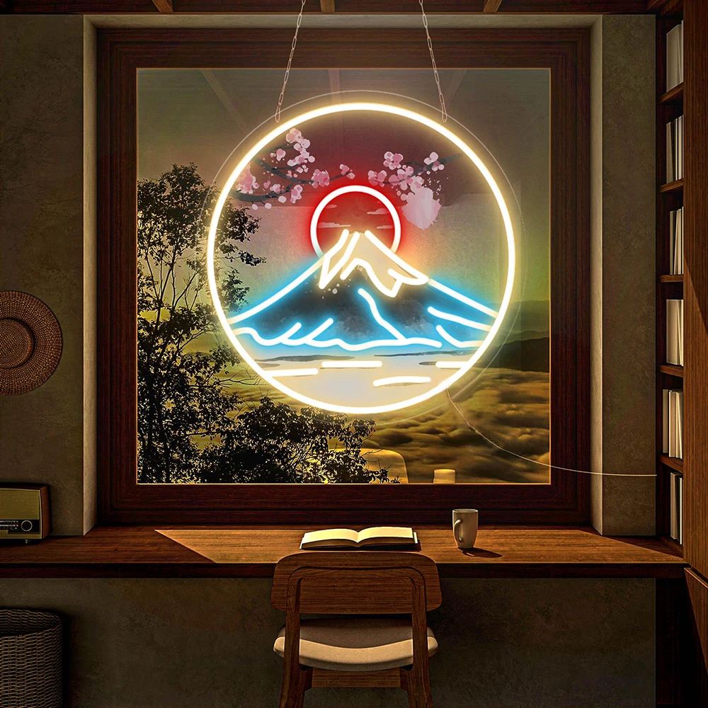 Spring Fuji Mountain Neon Sign Sunset Mountain Japanese Led Sign Custom Living Room Wall Art Decor Neon Light Personalized Gifts