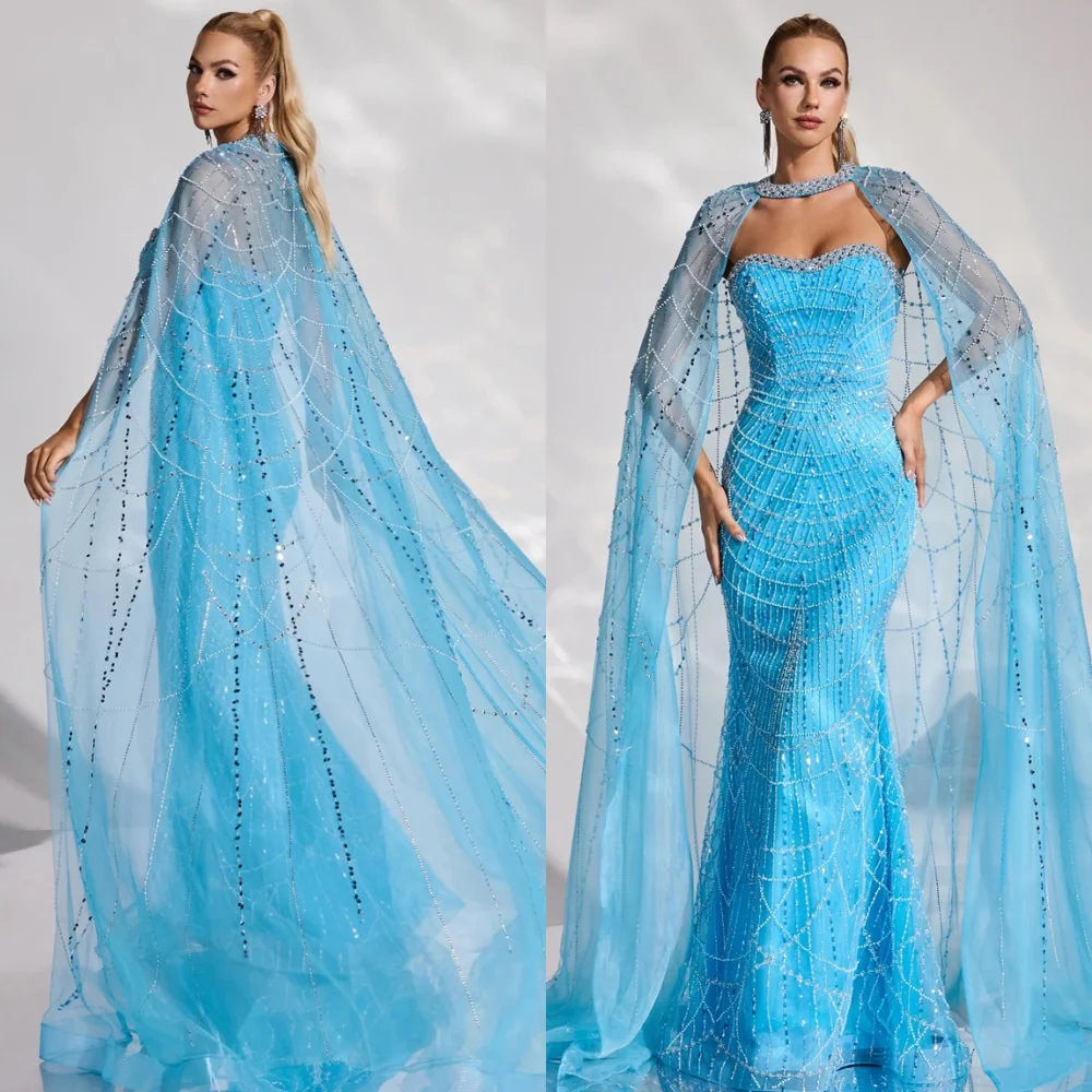 

Роскошные синие вечерние платья русалки по индивидуальному заказу, модные платья без бретелек с шалью для выпускного вечера, изысканные платья для особых случаев