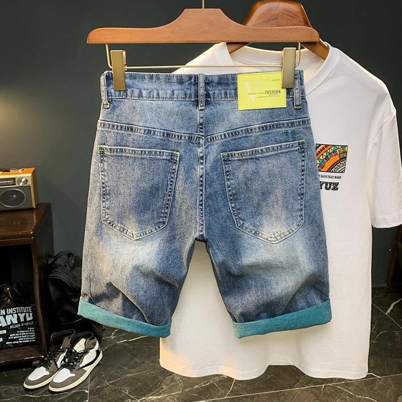 Sommer dünne Jeans shorts Herren modisch bedruckte elastische Scrap ing kurze Hosen atmungsaktives Design lässige Herren Mittel hose